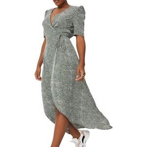 Missguided Wrap Midi Dress Womens US 4 Green White Print Puff Sleeve